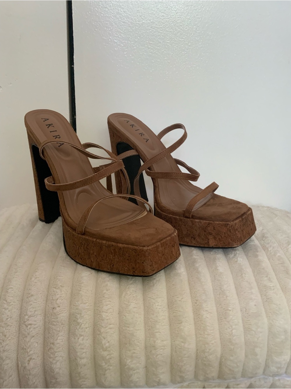 AKIRA Brown Cork Platform Strappy Sandals